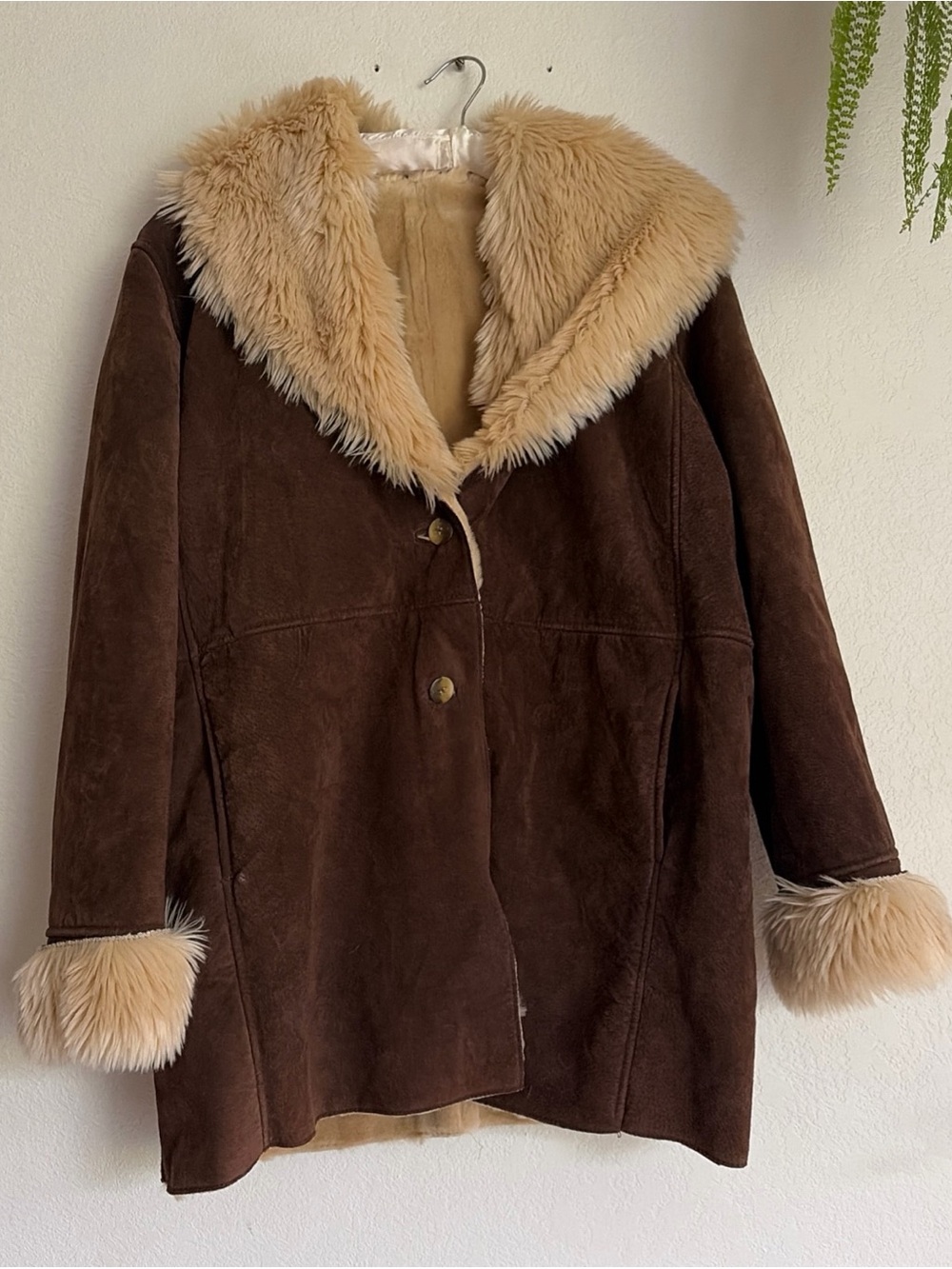 Wilsons Leather Brown Suede penny lane Coat with Cream Faux Fur Trim 90s SZ XL